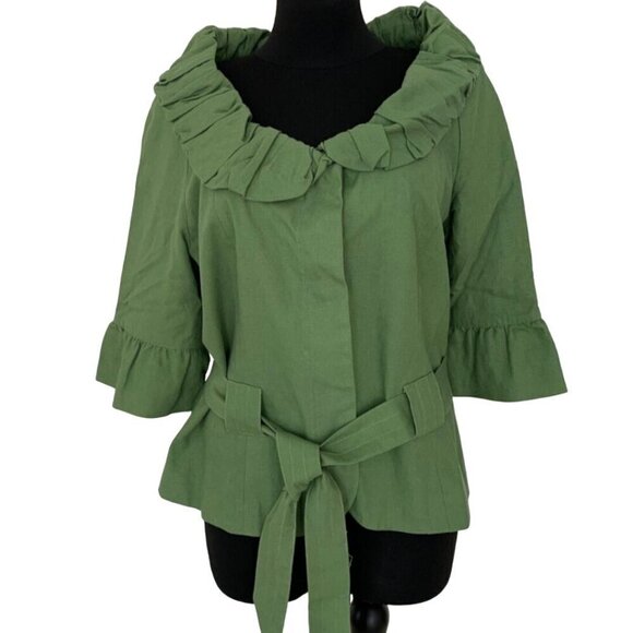 Dunner Vintage Linen Blend Green Ruffled Tie Top Size 16 - Picture 3 of 9